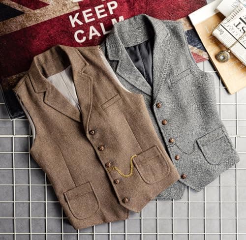 AeoTeokey Men's Tweed Suit Vest Western Herringbone Wool Casual Waistcoat for Groomsman (Silver,Small) - Thumbnail 2