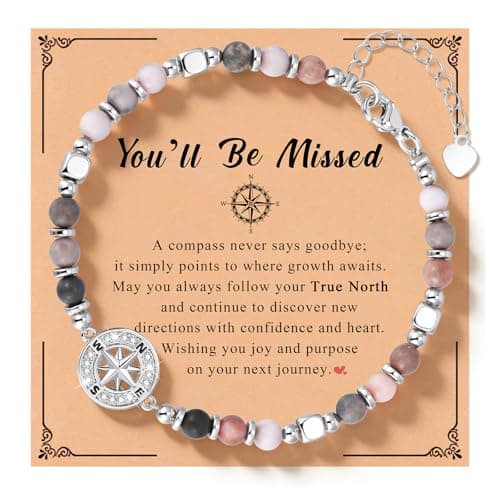 Retirement Bracelet Gift for Her -Natural Stone Compass Beaded Bracelet for Women, Dainty Stack Bracelet Trendy for Travel/ Going-Away/ Retirement Farewell for Coworkers, Friends,Teachers, Employees