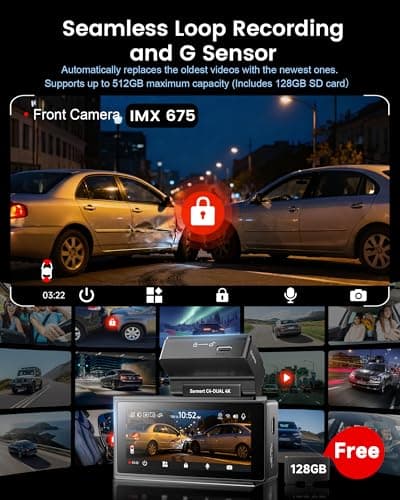 4K+4K Dash Cam Front and Rear, Sarmert C4 Dash Cam Free 128GB Card Included, Built-in GPS and 5G WiFi, HDR Night Vision, WDR Dash Camera for Cars, App, 24H Parking Mode - Thumbnail 6