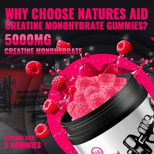 Natures Aid NSF Certified Creatine Gummy 5g - Creatine Monohydrate Gummies – Pre-Workout Energy & Muscle Growth Support for Men & Women | Raspberry Electrolyte Gummies (135 Count) - Thumbnail 5