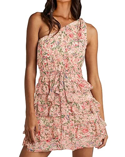 BTFBM Women One Shoulder Summer Dresses 2025 Floral Sundress High Waist Flowy A Line Mini Beach Fall Wedding Guest Dress(Floral Pink, Small) - Image 1