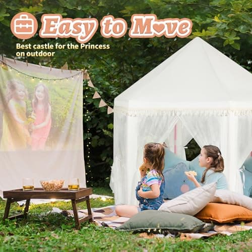 Monobeach White Princess Tent Girls Tassel Decor Large Playhouse Kids Castle Play Tent with Star Lights Toy for Children Indoor and Outdoor Games, 55'' x 53'' (White Princess Tent with Tassel) - Thumbnail 6