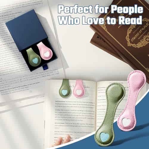 2Pcs Magnetic Leather Bookmarks with Gift Box Magnetic Pen Holder Book Marks Clip Gift for Book Lover Readers Men Women Teachers Students, Heart (Pink+Green) - Thumbnail 4