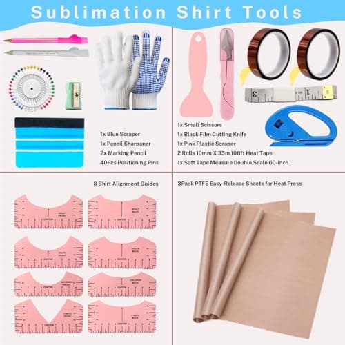 Sublimation Shirt Tool Kits, 8 T Shirt rulers, 3 Pack Teflon Sheet for Heat Press 12 x 16in, Heat Resistant Gloves with Silicone Bumps, 2 Rolls Heat Resistant Tape - Thumbnail 4