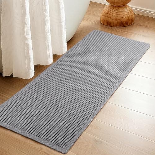 Siyaluens Luxury Waffle Bath Mat, Super Absorbent Non Slip Bathroom Rugs, Boho Ultra Soft Comfort Machine Washable Quick Dry Floor Mats with Tassels (Grey, 24" x 72")