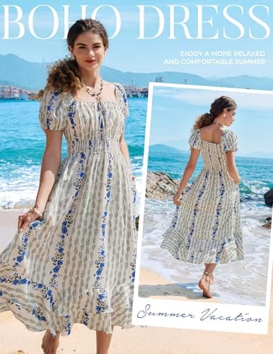 Kate Kasin Womens Casual Summer Square Neck Short Sleeve Dress, White Boho Smocked Maxi Dress, Floral Print Long Dresses with Pocket XL - Thumbnail 3
