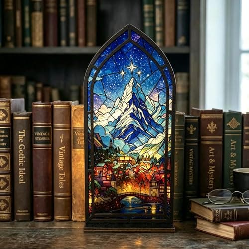 Ilyra Novix Fantasy Book Nook for Bookaholic, Stained Glass Candle Holder, Fantasy Book Lover & Reader Gift, Bookshelf Decor, Library Decor, Bookish Gift (Snowy Mountain) - Image 1