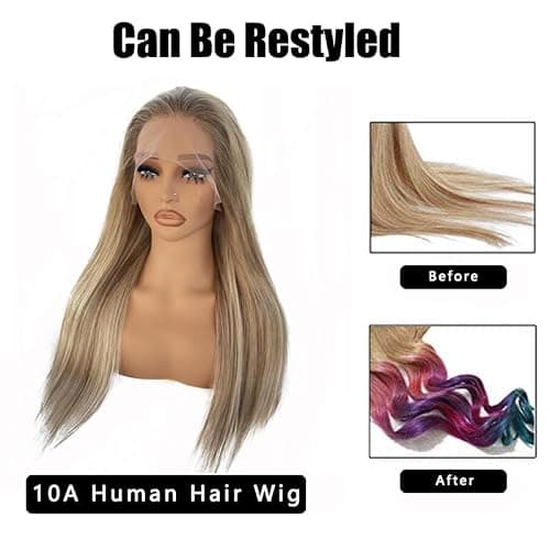 Upgrade - Strawberry Blonde Mixed Platinum Blonde HD Lace Front Human Hair Wigs,13*4 Ombre Highlight Straight Lace Wig 100% Remy Virgin Hair,Pre Plucked with Baby Hair Natural Hairline 150% Density - Thumbnail 4