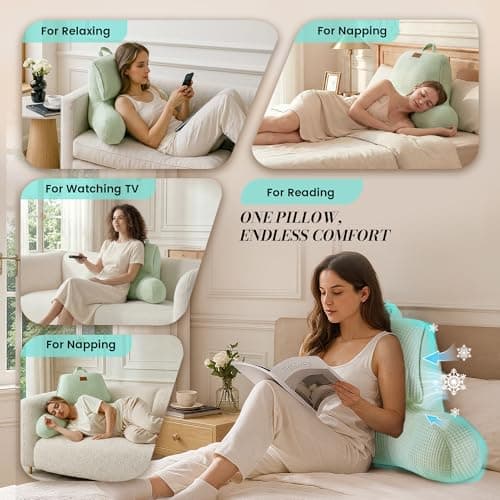 Amélie Home Premium Cooling Waffle Reading Pillow, Qmax>0.37 Ergonomic Backrest Support with Pocket & Handle, Breathable Lounging Pillow for Bed Sofa Floor Summer, 17 Inches, Sage Green - Thumbnail 2