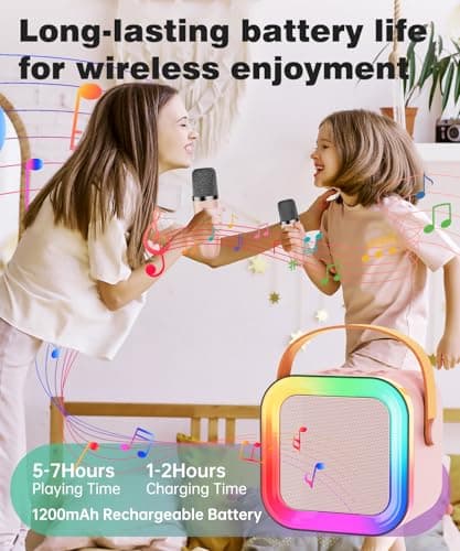 Mini Karaoke Machine Speaker for Kids Adults,Portable Bluetooth with 1-2 Wireless Microphones,Christmas Birthday Gifts Toys Girls Boys Ages 4, 5, 6,7, 8,9,10,11,12+ Years Old Toddler (Pink - 1 Mic) - Thumbnail 5
