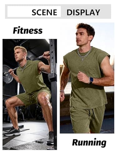 JEMLDL Men's 2 Piece Acid Wash Tank Tops and Shorts Lounge Lightweight Cotton Sweatsuit Fashion Clothing Set Olive XXL - Thumbnail 6