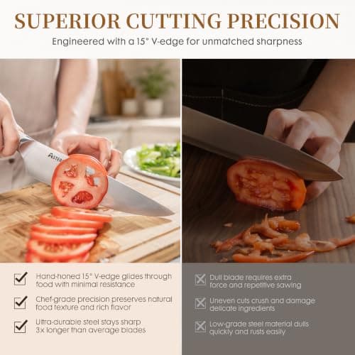 Knife Set, Astercook Kitchen Knife Set with Block, 15 Pcs Luxurious High Carbon German Stainless Steel Knives Set with Full Tang Ergonomic Handle, Dishwasher Safe Knife Set with Sharpening Rod - Thumbnail 4