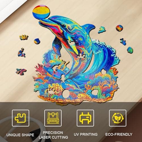 Hopelucr Wooden Puzzles for Adults and Kids, Playful Dolphin Wooden Jigsaw Puzzle 200 Pieces, Unique Shaped Wooden Puzzles, Birthday Gift for Family Game Night Home Decor 11 * 9.4in - Thumbnail 4