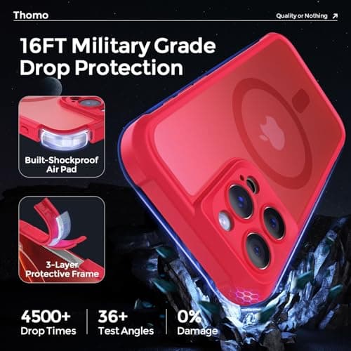Thomo Magnetic for iPhone 16 Pro Case, [Full Camera Protection] [Compatible with Magsafe] Military-Grade Shockproof, Anti-Fingerprint Translucent Matte Phone Case,Red - Thumbnail 5