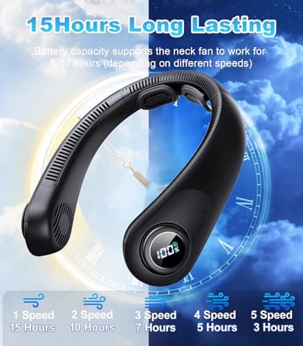 Portable Neck Fan With LED Display, Hands-free 5 Speeds Cooling, Neck Support, Lightweight, Battery Operated, Personal Bladeless Fan Rechargeable, Gift for Women Men, Hot Flashes, Travel, Camping - Thumbnail 6