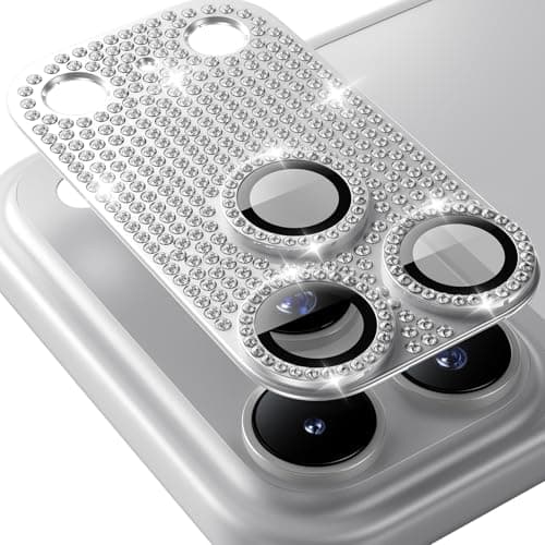 Hoerrye Bling Diamond Camera Lens Protector for iPhone 17 Pro - [1:1 Full Coverage][Strong Adsorption] 9H+ Tempered Glass Screen Protective Cover Case Friendly,Glitter Silver