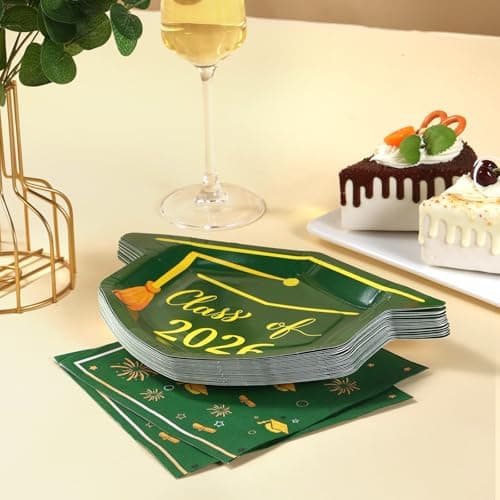 Cheery Land Green Graduation Plates and Napkins 2026, 50 9.3" Mortarboard Shaped Class of 2026 Plates & 50 Grad Napkins - Green and Gold Graduation Decorations 2026 - Thumbnail 6