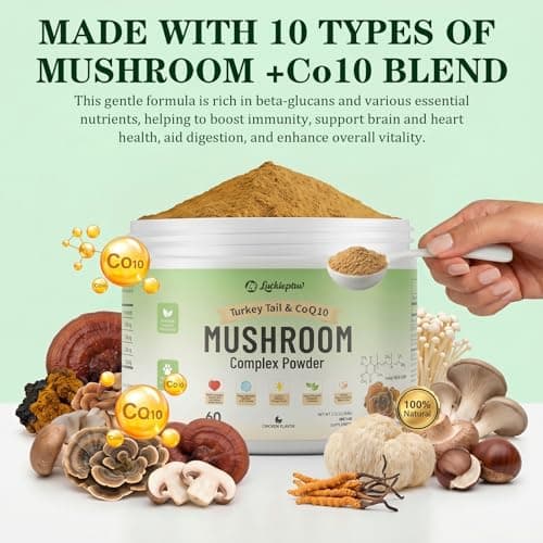 Luckiepaw Organic Turkey Tail Mushroom Supplement for Senior Dogs & Cats – 10-in-1 Functional Mushroom Powder with CoQ10 for Immune Support, Digestive Health – Chicken Flavor, Scoop Included - Thumbnail 2
