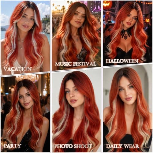 Copper Orange Lace Front Wig for Women Long Wavy Synthetic Middle Part - Thumbnail 6