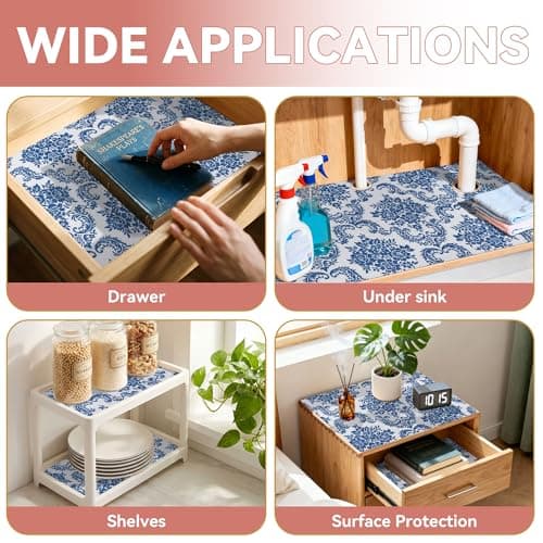 RAY STAR 18" x 8 Ft Shelf Liner for Kitchen Cabinets, Non-Adhesive Cabinet Liner Washable, Drawer Liner for Dresser Non-Slip Bathroom [Blue Damask] - Thumbnail 6