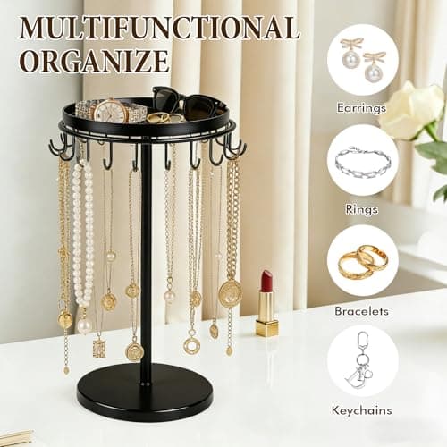 Himake Necklace Holder Metal Jewelry Organizer Stand, Necklace Organizer Hanger with Tray & Hooks for Desk, Jewelry Holder for Necklaces Bracelets and Keychains, Elegant Home Hanging Decor - Black - Thumbnail 2