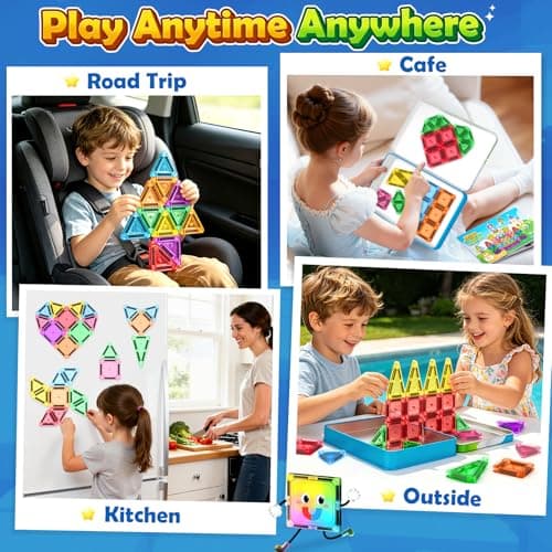 Soyee Mini Magnetic Tiles 60PCS Toddler Kids Toys Travel Set with Metal Tin Case, Portable STEM Building Blocks Kids Toy for 3 4 5 6 7 8 Year Old Boys & Girls, Educational Toddler Kids - Thumbnail 4