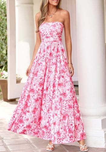 BTFBM Summer Maxi Dresses for Women 2026 Strapless Tube Top Floral Spring Wedding Guest Dress Beach Vacation Outfits(Pink Flower, XX-Large) - Thumbnail 5