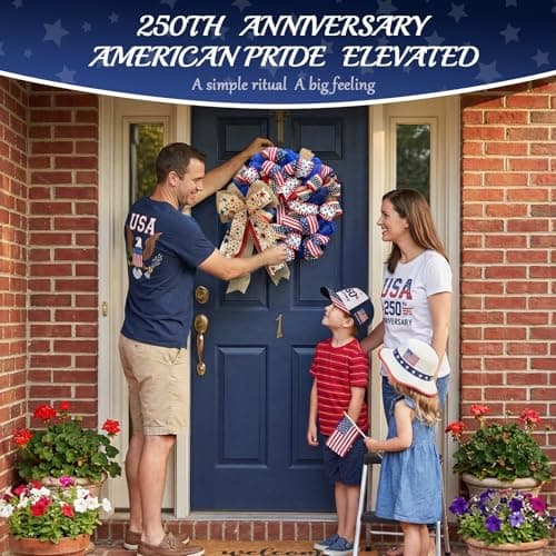 Presentastic 250th Anniversary Patriotic Wreath for Front Door, 24 Inch Large 4th of July Decorations, Handcrafted Ribbon Burlap Bow, Red White and Blue Memorial Day Wreath with Lights & Storage Bag - Thumbnail 4