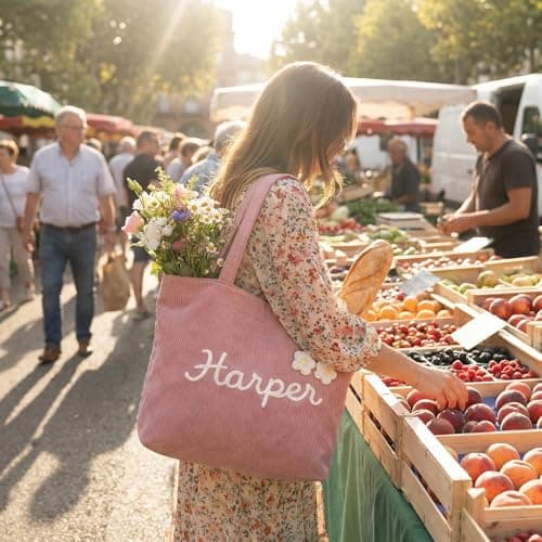 Personalized Corduroy Tote Bag for Women, Custom Name Large Shoulder Bag with Zipper, 3D Crochet Flower Embellishment, Stylish Travel College Work Handbag, Ideal Birthday Christmas Mother's Day Gift - Thumbnail 3