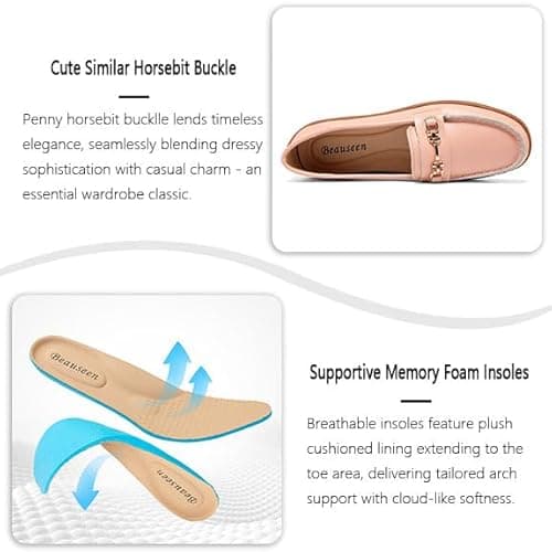 BEAUSEEN Women's Flat Penny Loafer with Leather Breathable Ladies Shoes for Long Time Standing Pink,8 US - Thumbnail 5
