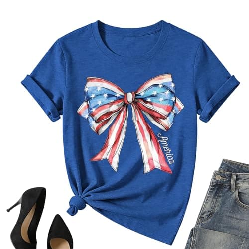 American Flag Bow Shirt Women-USA 4th of July Patriotic Short Sleeve Red White Blue Tee Tops - Image 1