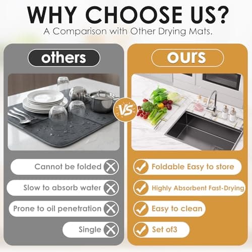 3 PCS Large Stone Dish Drying Mat for Kitchen Counter -24"x16" Absorbent Diatomaceous Earth Mat with Stone Faucet Mat & Soap Tray - Quick Dry, Collapsible, Non-Slip Countertop Organizer - Thumbnail 5