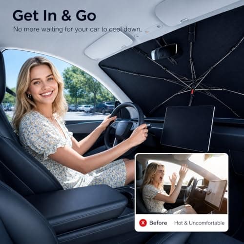 2026 Upgraded DooGooCoo Windshield Sun Shade Umbrella for Car, Reinforced Frame, UV Block Heat Shield, Keeps Interior Cooler, Foldable Front Windshield Cover, Small (52"x31") - Thumbnail 6