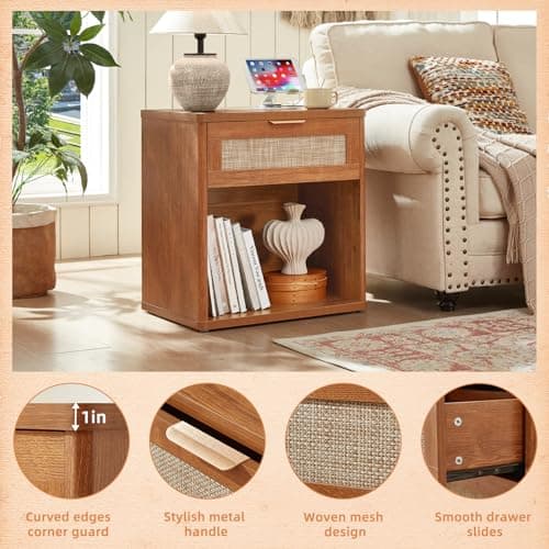 LEYAOYAO Rattan Nightstand with Charging Station, Tea Brown Night Stand with Drawer, 23" Wide Boho Bedside Table with Storage Shelf, Bed Side End Tables for Bedroom, Living Room, Hallway - Thumbnail 5