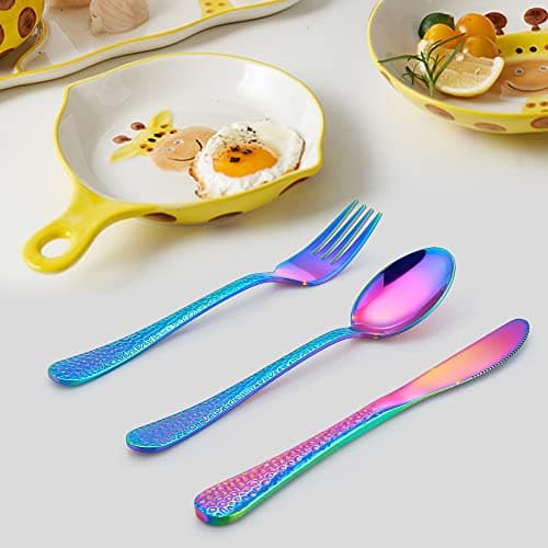 LIANYU 12-Piece Rainbow Kids Silverware Set, Stainless Steel Toddler Utensils, Hammered Preschooler Metal Flatware Cutlery Set, Children Tableware Includes Knives Forks Spoons, Dishwasher Safe - Thumbnail 2