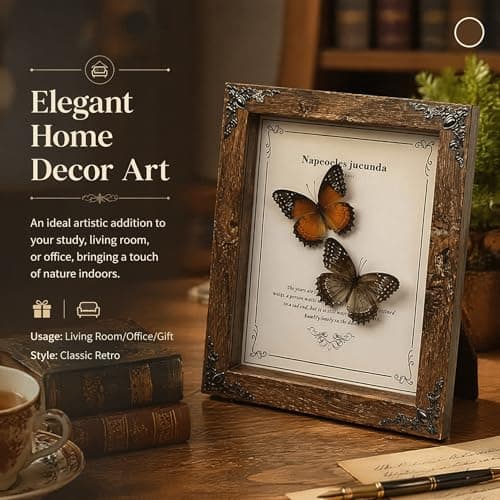 Wugakio Real Butterfly Framed - Hanging wood grain photo frame, Taxidermy Animals for Oddities and Curiosities Gifts (cethosia biblis+White saw butterfly - Wood Grain Photo Frame) - Thumbnail 2