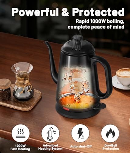 ELTRIKO Gooseneck Electric Kettle, 1L Water Boiler, Pour Over Coffee & Tea, 1000W Fast Heating, Stainless Steel, Auto Shut-Off & Boil-Dry Protection, BPA-Free (Black) - Thumbnail 3