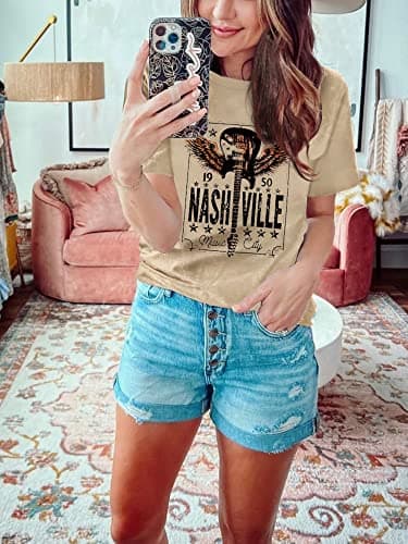 Womens Nashville Shirts Country Music Concert Tshirts Vintage Graphic Short Sleeve Tees for Women Beige S - Thumbnail 3