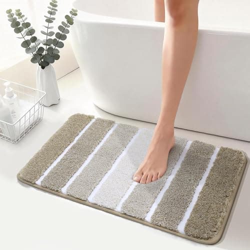 COSY HOMEER Bathroom Rugs 30 x 20, Ultra Soft Absorbent Bath Mat, Non-Slip TPR Backing Stays in Place, Machine Washable Shaggy Rug for Bathroom Floor, Beige & White