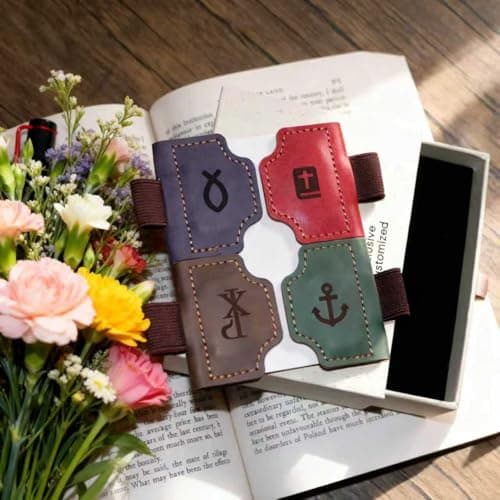 Buyborgood 4 Pcs Personalized Magnetic Leather Bookmark Pen Holder Book Lovers Christian Gifts Bygone Mark for Reading, Red-Bible + Coffee-Chi-Rho + Purple-Jesus Fish + Green-Anchor - Thumbnail 3