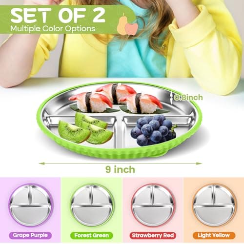 Semloo Stainless Steel Kids Plates with Suction, 2Pack 9" Divided Toddler Plates Removable Non Slip Silicone Sleeves Baby Feeding Led Weaning Supplies, BPA Free, Unbreakable Dishwasher Safe - Thumbnail 2