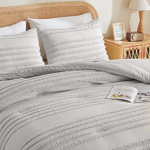 BEDELITE Boho Twin/Twin XL Comforter Set，Light Grey Tufted Striped Bed Set 2 Pieces, Soft Vintage Farmhouse Comforter for College, Boho Home Dorm Decor, Fluffy Jacquard Bedding with 1 Pillow Sham - Thumbnail 3