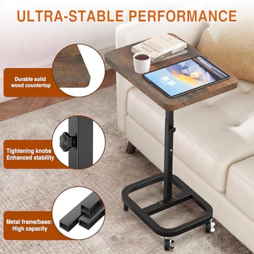 alentar Adjustable Height& Mobile TV Tray Table with Wheels: Upgraded Alloy Steel Support & Sturdy Quadrilateral Base. Dinner Table for Eating on Couch and Sofa. Ideal for Small Living Spaces - Thumbnail 4