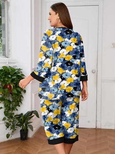 AusLook Women’s Plus Size Pajama Sets Floral 3/4 Sleeve Nightwear Top and Capri Pants 2 Piece Lounge Set with Pockets - Thumbnail 6