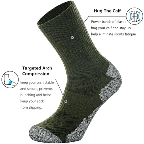 CWVLC Hiking Crew Socks, 3-Pack Men Women Boot Socks for Walking, Hunting, Camping, Winter Outdoor Work, Cosy Cushion, Moisture Wicking, Arch Compression, Anti Blister, Large, Green - Thumbnail 3