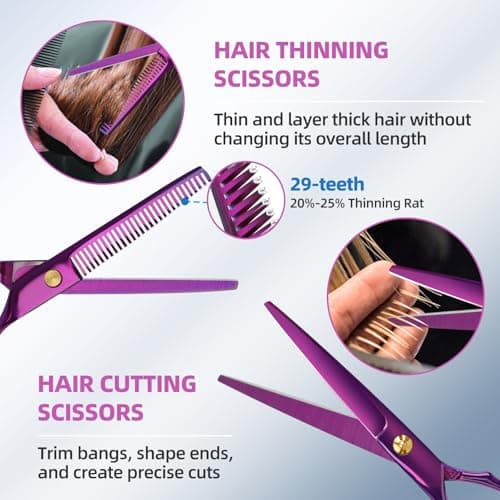 ETHTXE 9Pcs Professional Hair Scissors Set, Stainless Steel Barber Supplies – Includes Straight & Thinning Shears, Hair Thinning Knife – Multi-Use Haircut Tools for Home, Salon, and Barbers (Purple) - Thumbnail 4
