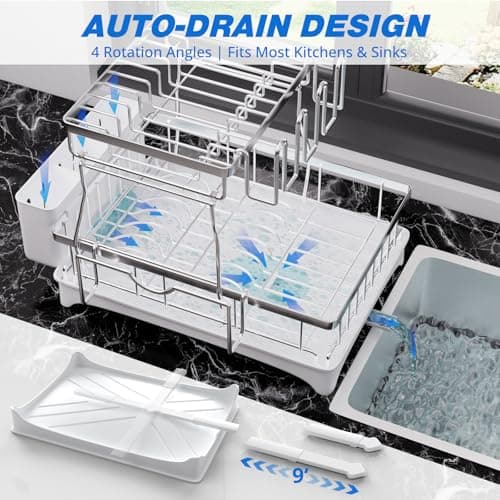 Godboat Dish Drying Rack, 2-Tier Dish Rack with Auto-Drain & Mat, 304 Stainless Steel Dish Racks for Kitchen Counter, Dish Drainer with Knife, Fork & Cup Rack, Gifts for Women, Mothers Day, Silver - Thumbnail 4