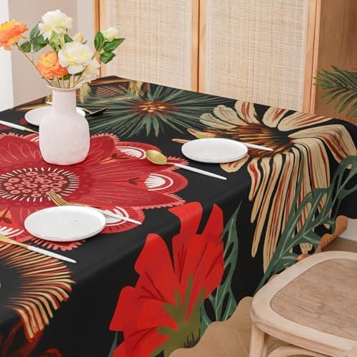 Tyrot Scalloped Black Red Boho Floral Rectangle Table Cloth Vintage Farmhouse Waterproof Stain Resistant Wrinkle-Free Tablecloth Indoor Outdoor Table Covers for Kitchen Dining/Party, 60x120 - Thumbnail 5