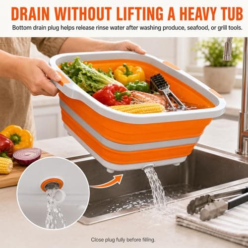 Collapsible BBQ Prep Tub with Cutting Board & Lid, Folding Food Container BPA-Free Heavy-Duty, Dishwasher Safe, Upgraded Drain Hole - for Camping, Grilling Outdoor Cooking (Orange, X-Large) - Thumbnail 6