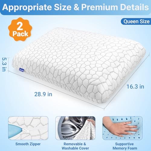 TranquilMoments Memory Foam Pillows, Bed Pillow, Bed Pillow for Side, Back and Stomach Sleepers, Neck Pillow for Sleeping with Removable and Machine Washable Cover, Queen Size (2 Pack) - Thumbnail 2